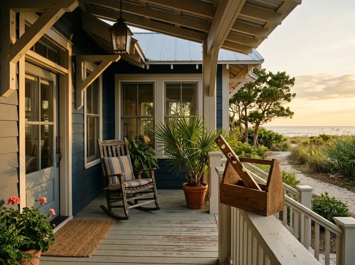 Well-maintained Florida coastal home porch at golden hour with a wooden tool caddy and brass level