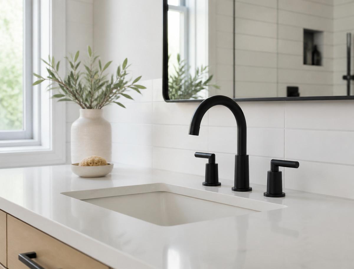 Matte black modern bathroom faucet installed on a white quartz vanity