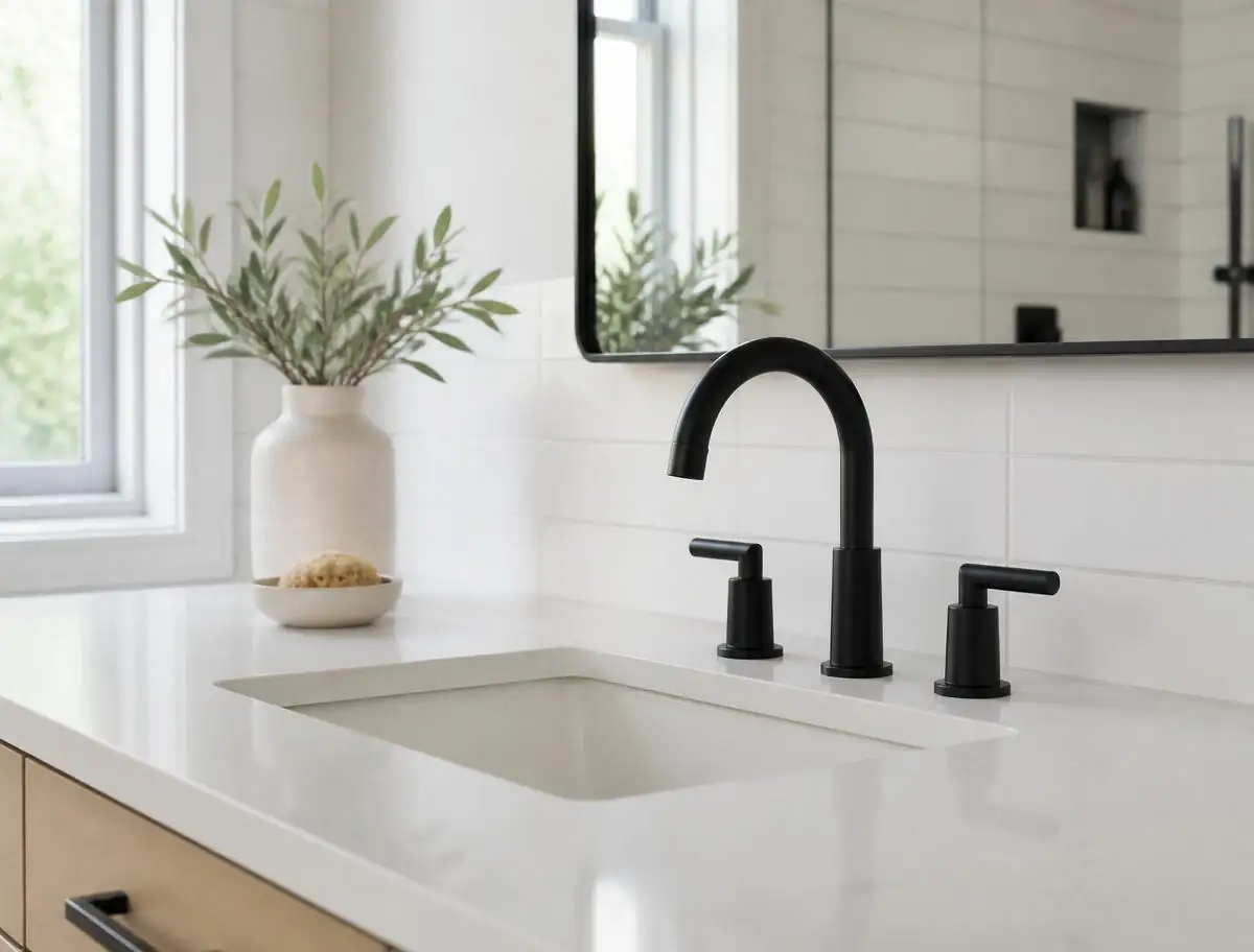 Matte black modern bathroom faucet installed on a white quartz vanity