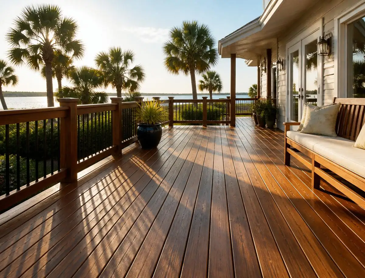 Refinished wooden deck of a Florida waterfront home at golden hour with palm trees