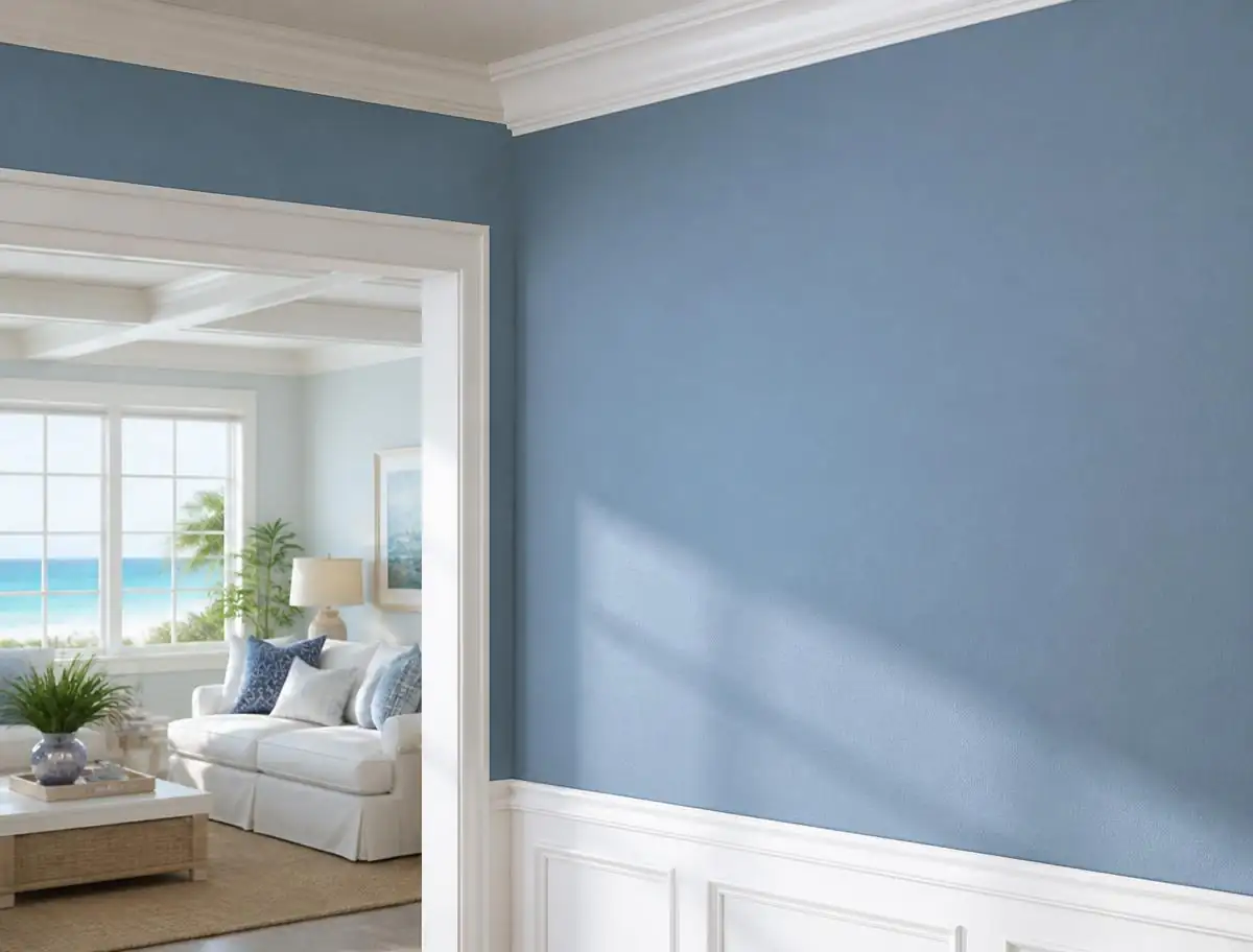 Freshly painted blue coastal living room with white trim in Rotonda West, Florida