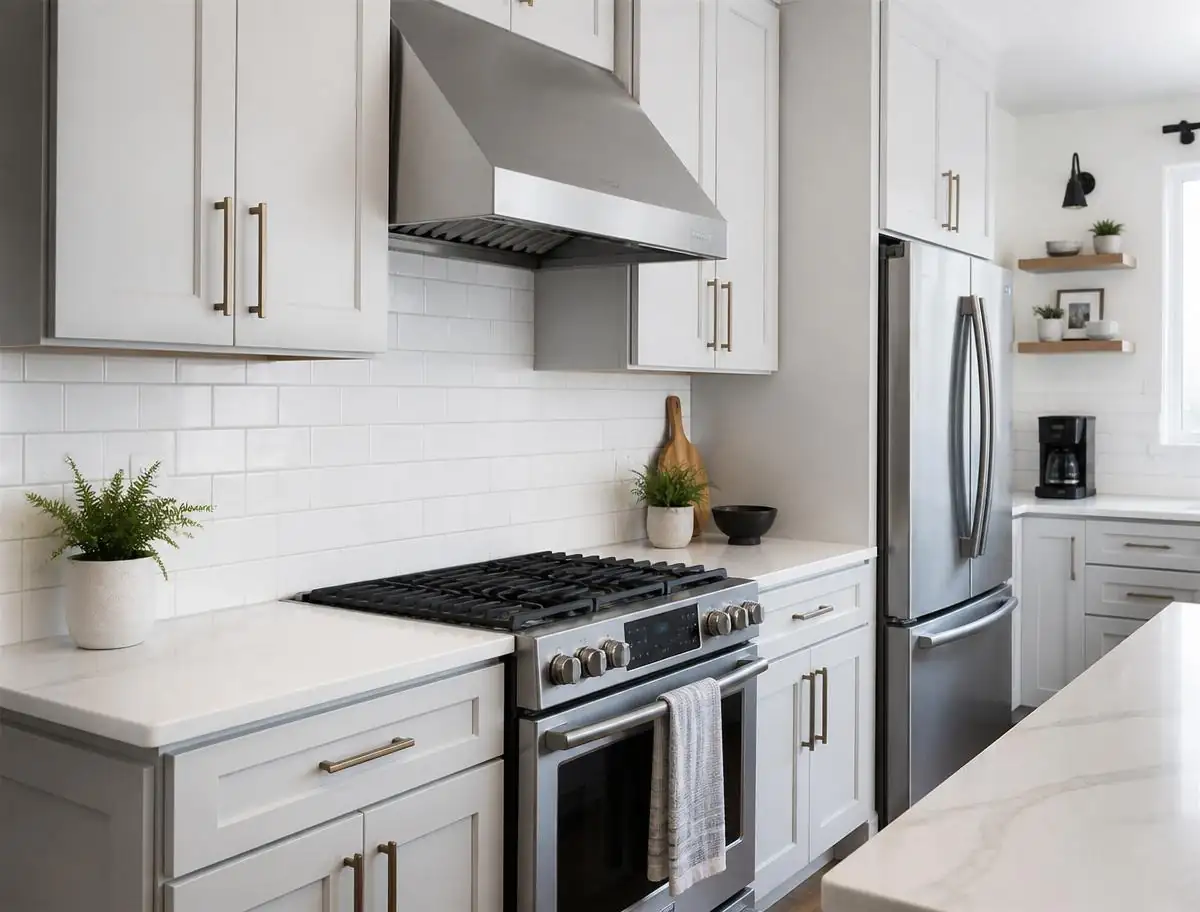 Modern kitchen with white subway tile backsplash and stainless steel appliances