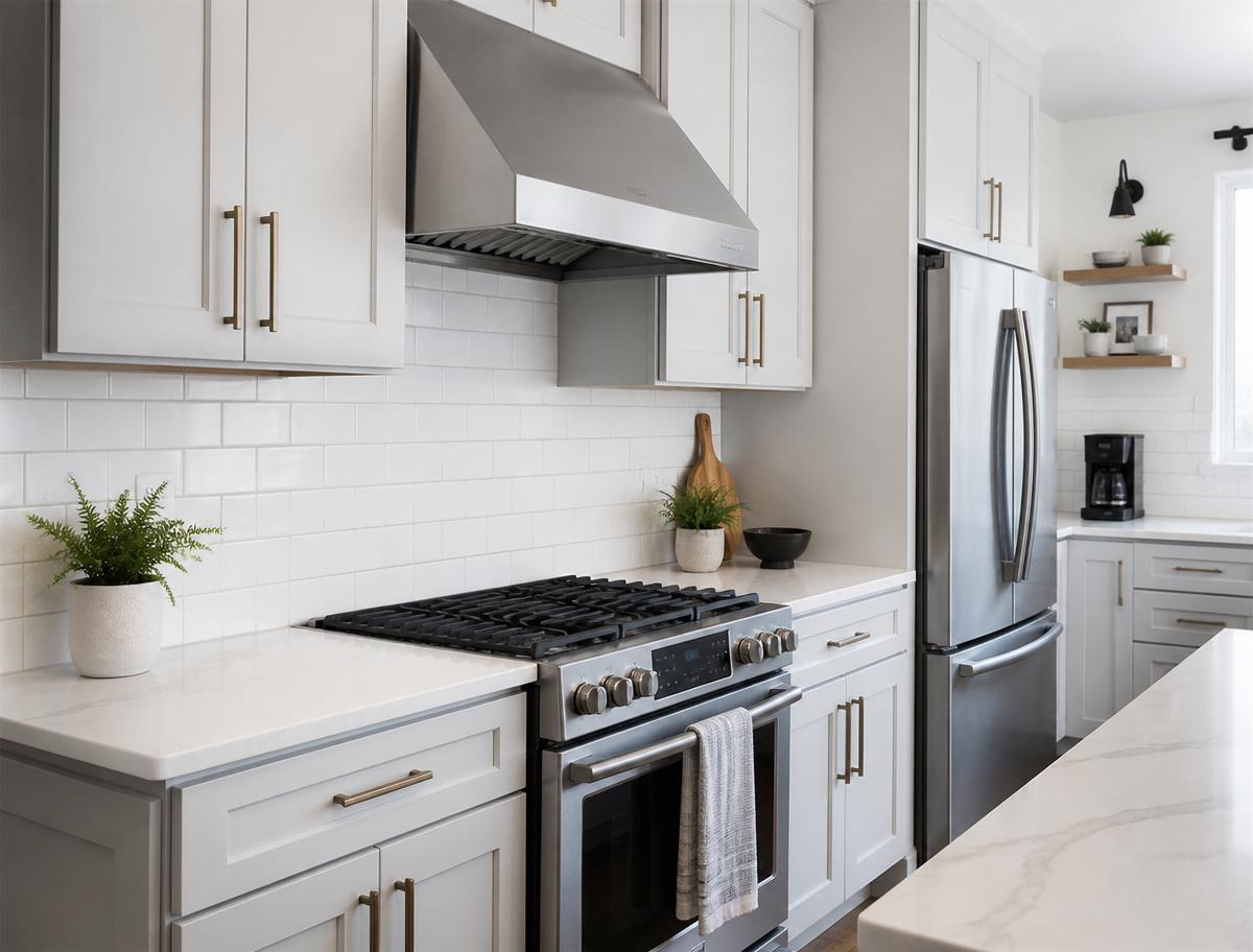 Modern kitchen with white subway tile backsplash and stainless steel appliances