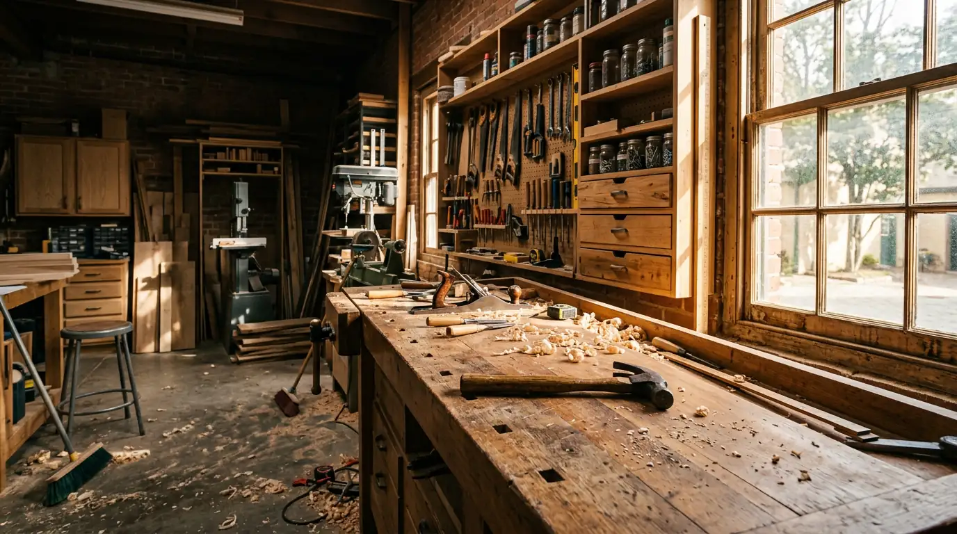 Craftsman workshop with organized tools, a long wooden bench, and warm window light across a hammer and wood shavings