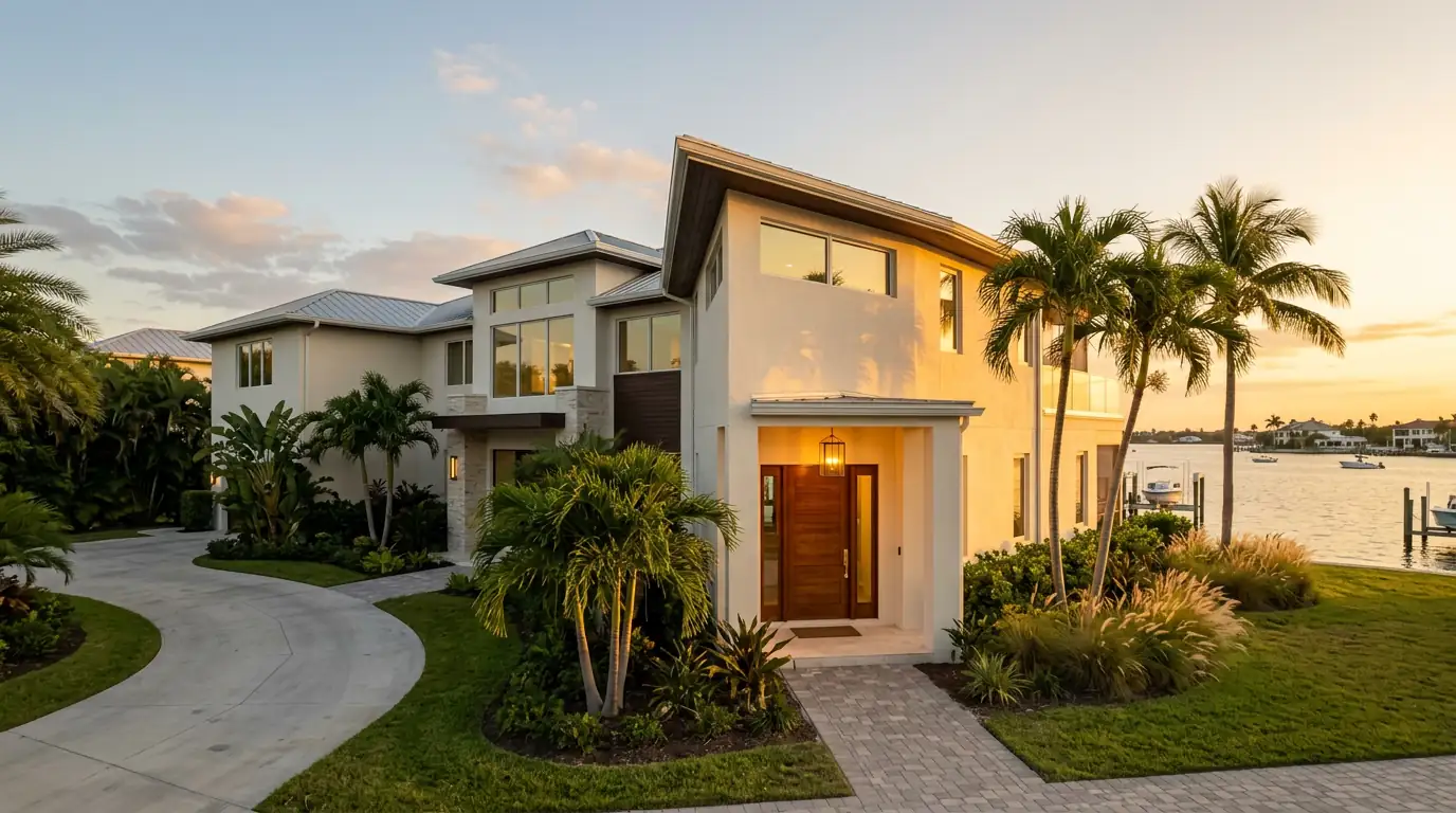 Florida home entry with a navy front door, brass hardware, tropical plants, and soft morning light