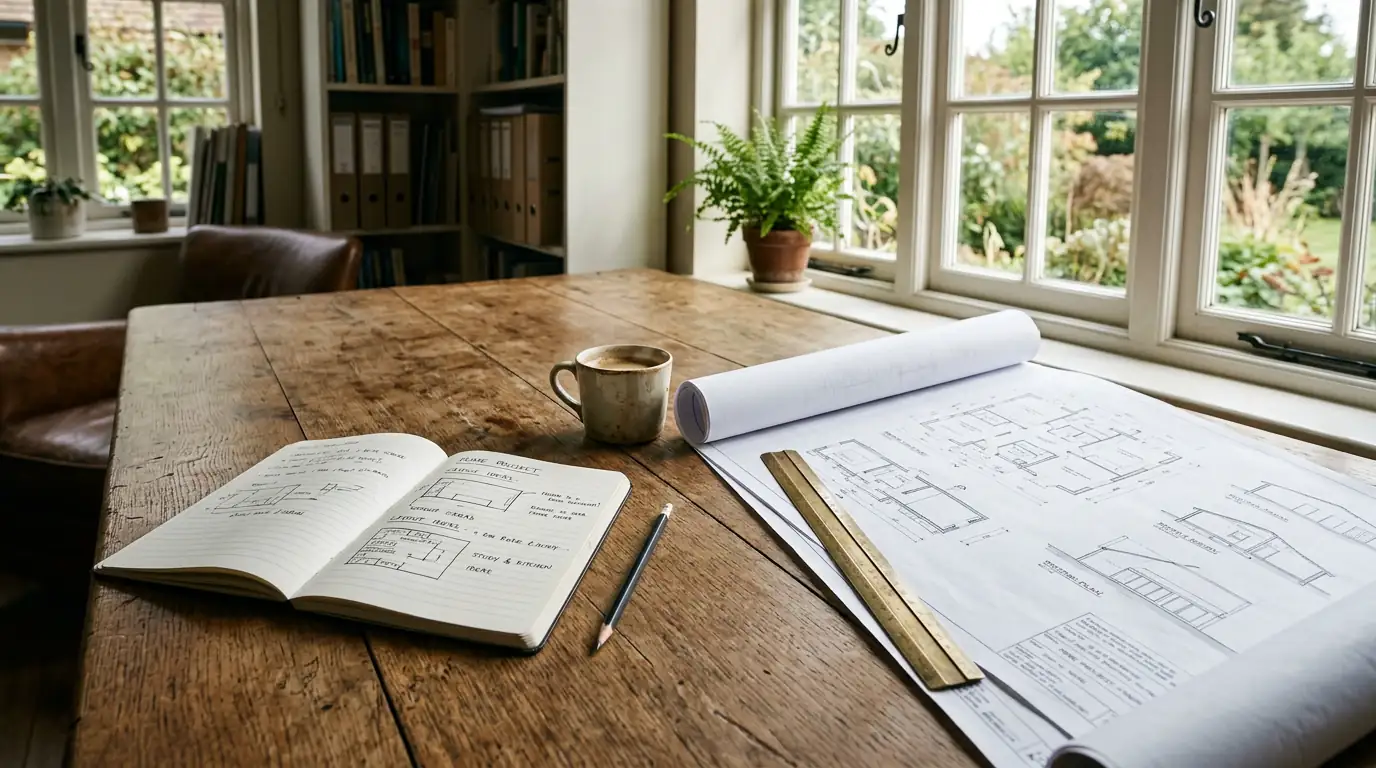 Long wooden desk with blueprints, coffee mug, notebook, pencil, and brass ruler in natural window light