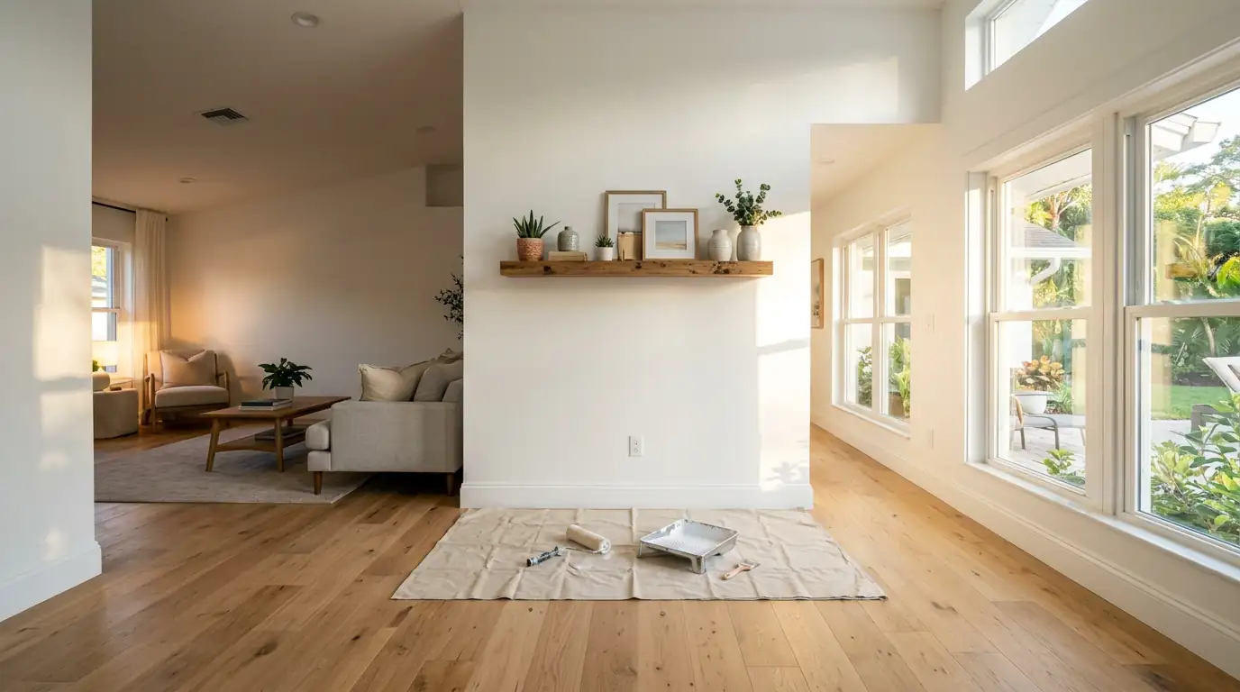 Freshly painted interior room with wood floors, natural sunlight, a paint roller tray, and a floating shelf