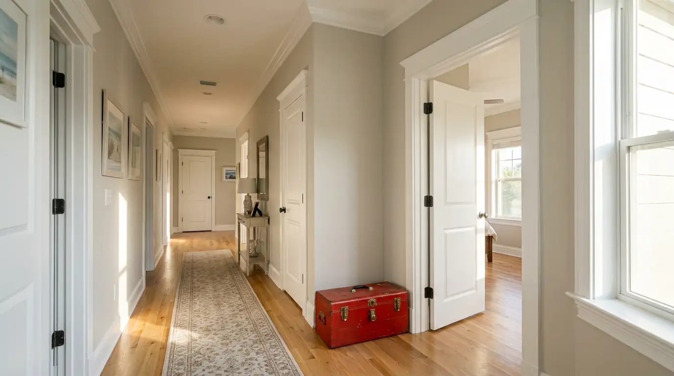 Modern Florida home hallway with white trim, bright daylight, and a toolbox beside a freshly finished interior doorway
