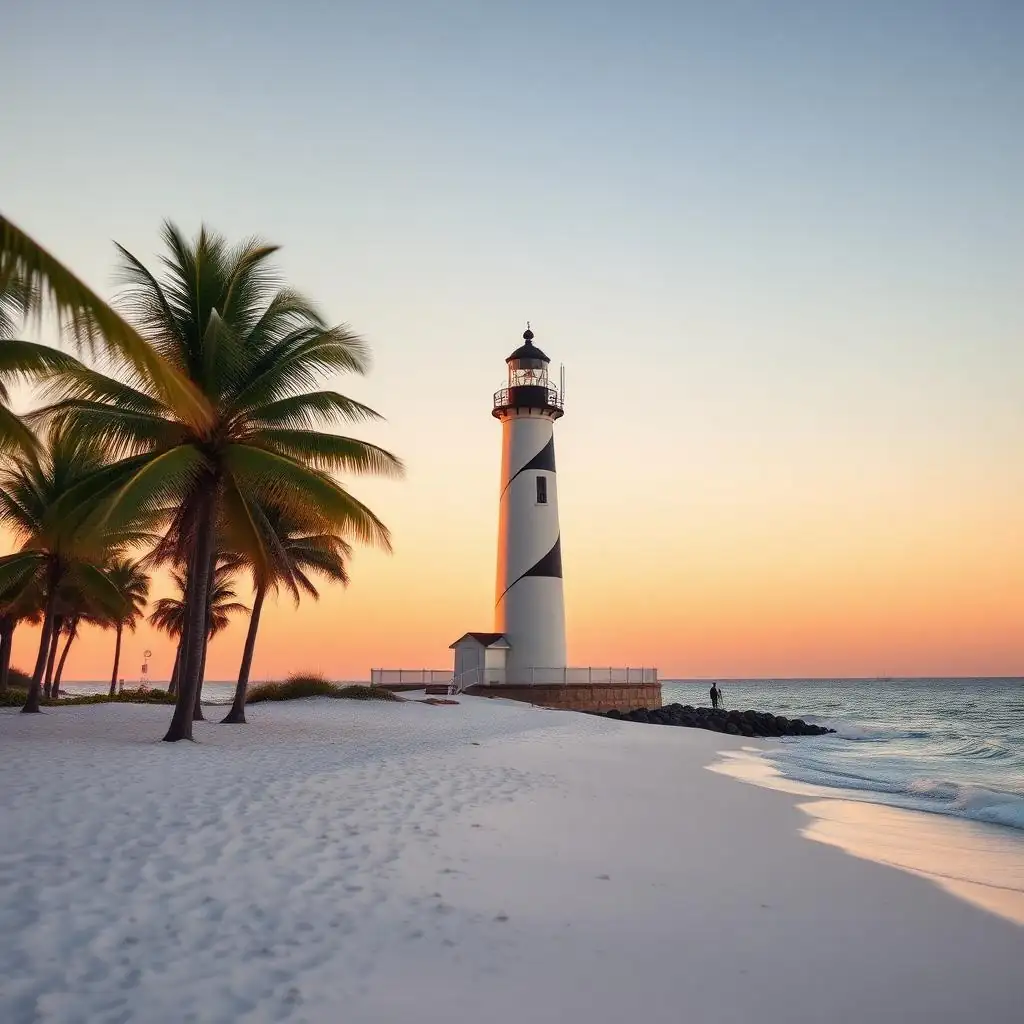 Iconic Boca Grande lighthouse on a white sand Florida beach with palm trees at golden hour