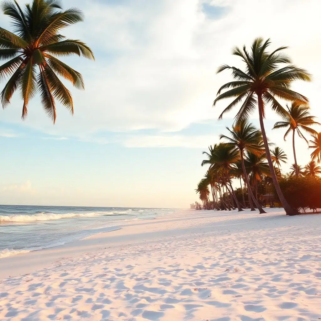 Englewood Beach Florida with white sand, gentle Gulf waves and palm trees at sunset