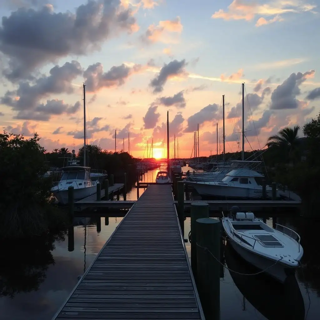 Placida Florida coastal marina at sunset with wooden docks and small fishing boats