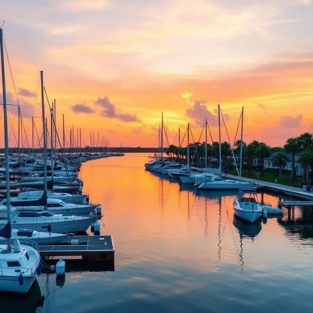 Port Charlotte Florida harbor with sailboats and palm-lined waterfront at sunset
