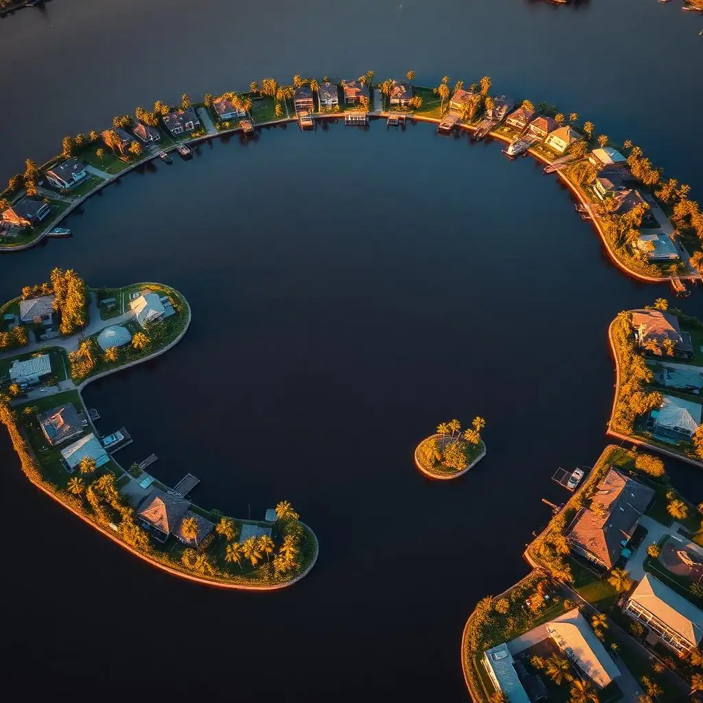 Aerial view of Rotonda West Florida circular canal community with palm trees and coastal homes at golden hour