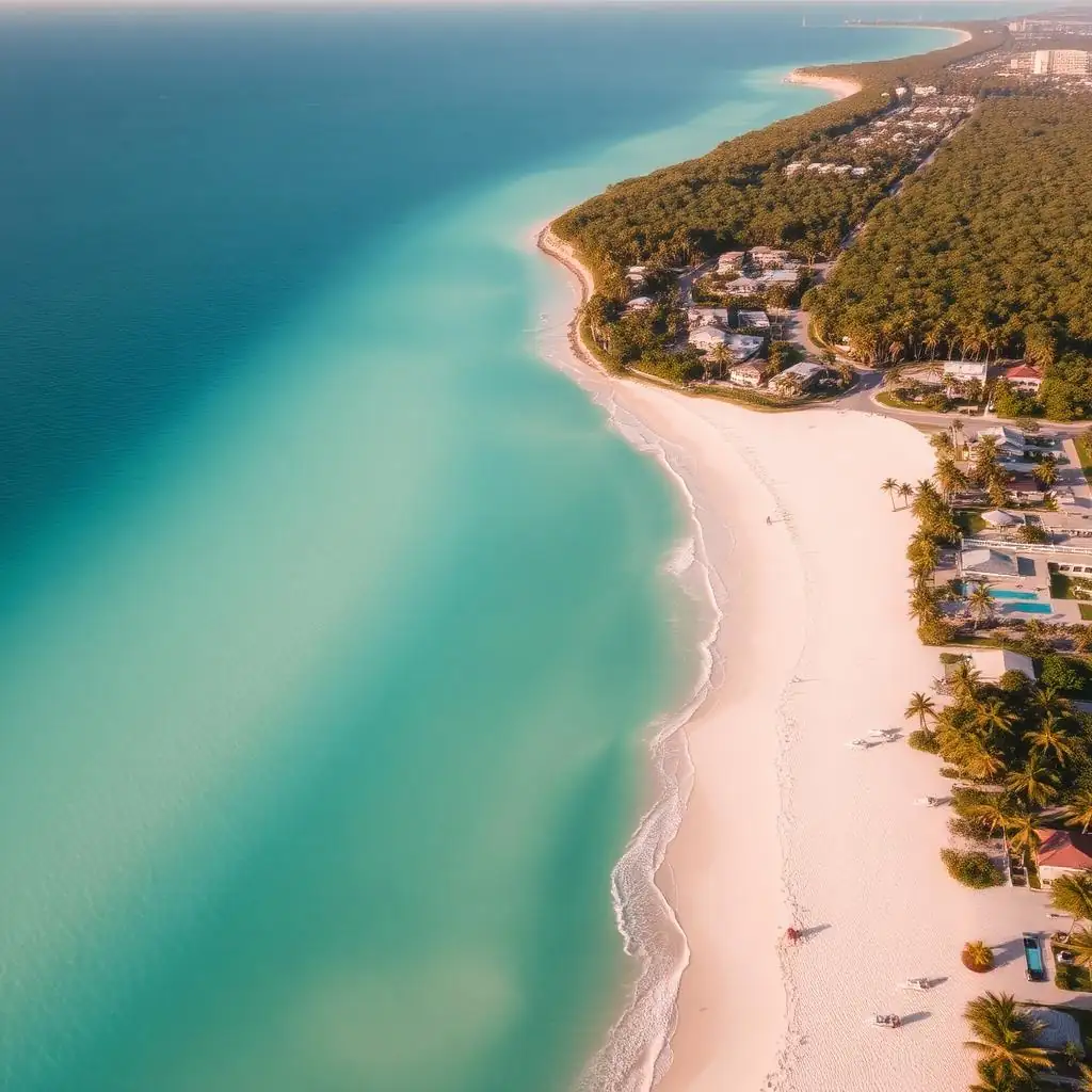 Aerial view of Sarasota County Florida white sand beaches and lush palm neighborhoods
