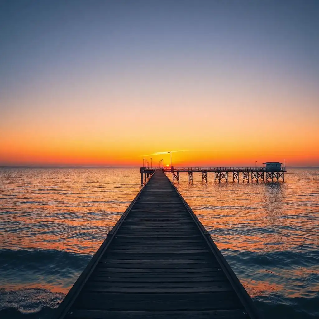 Venice Florida beach pier stretching into calm Gulf waters at sunset