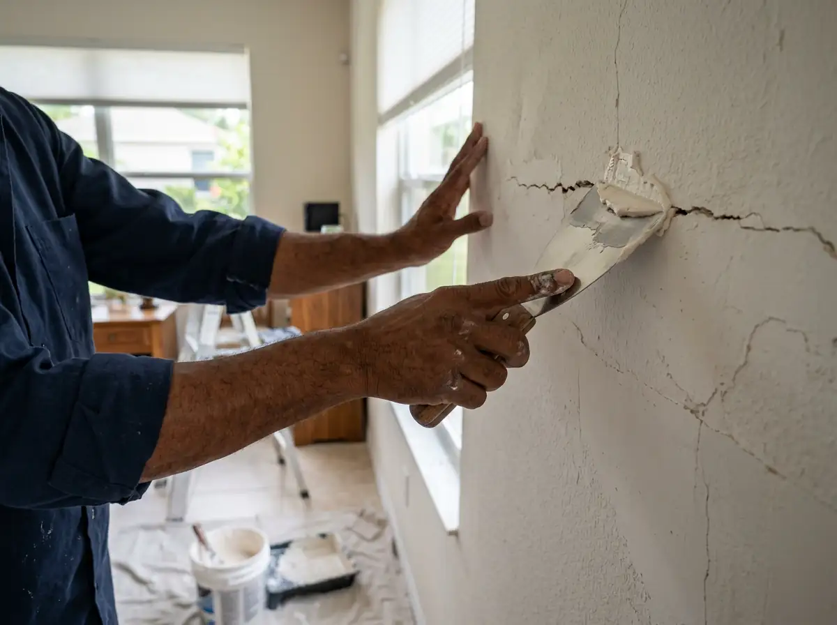 Handyman applying joint compound to a cracked interior drywall with a taping knife