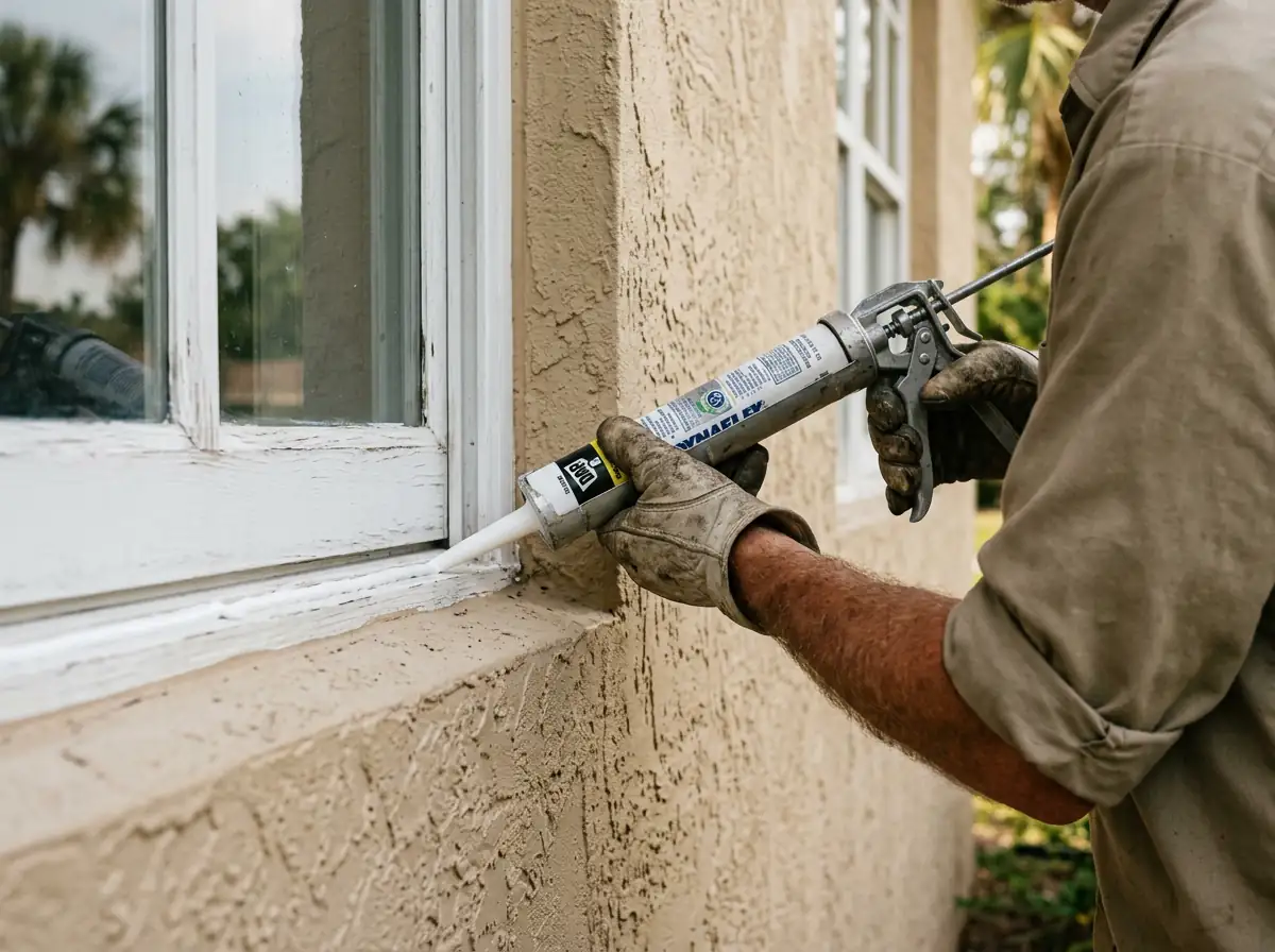 Technician sealing an exterior window frame with a caulking gun on a Florida stucco home