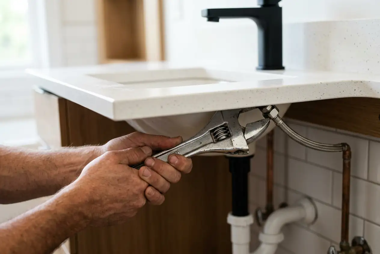 Basin wrench tightening the supply nut under a matte black bathroom faucet on a white quartz vanity