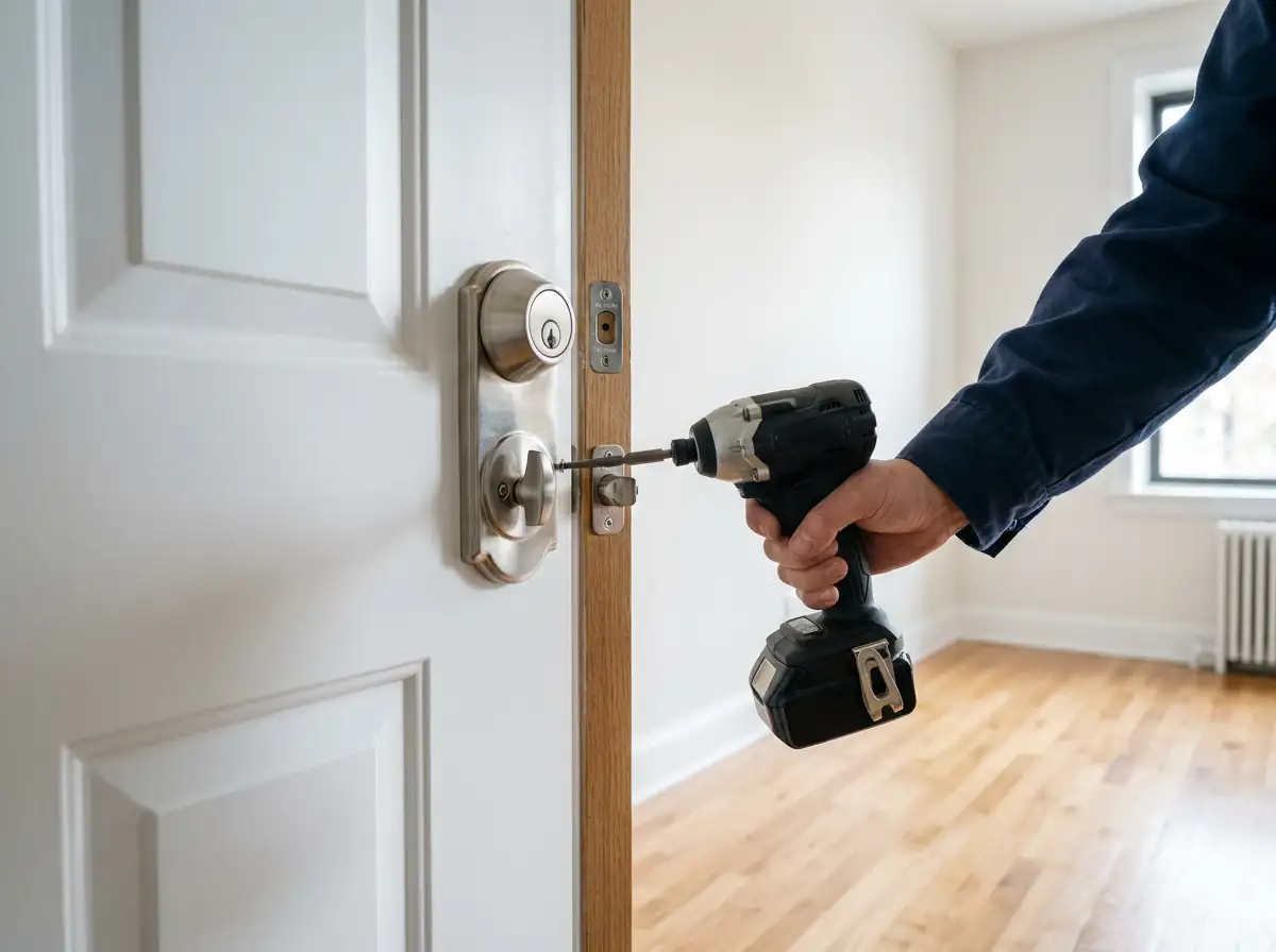 Cordless impact driver installing a brushed nickel deadbolt on a freshly painted rental unit door