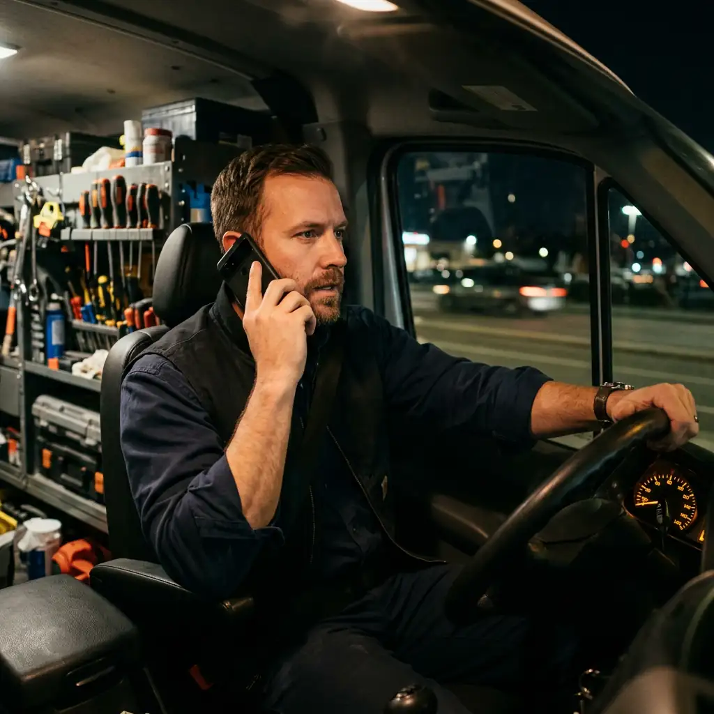 Handyman answering a phone call at night from inside a fully stocked work van — 24/7 availability