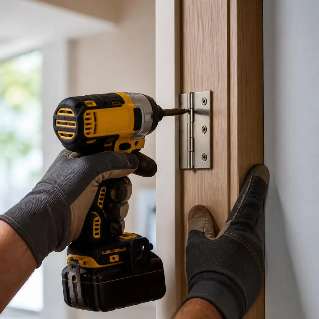 Experienced handyman's weathered hands using a cordless drill on a wooden door frame in a sunlit workshop
