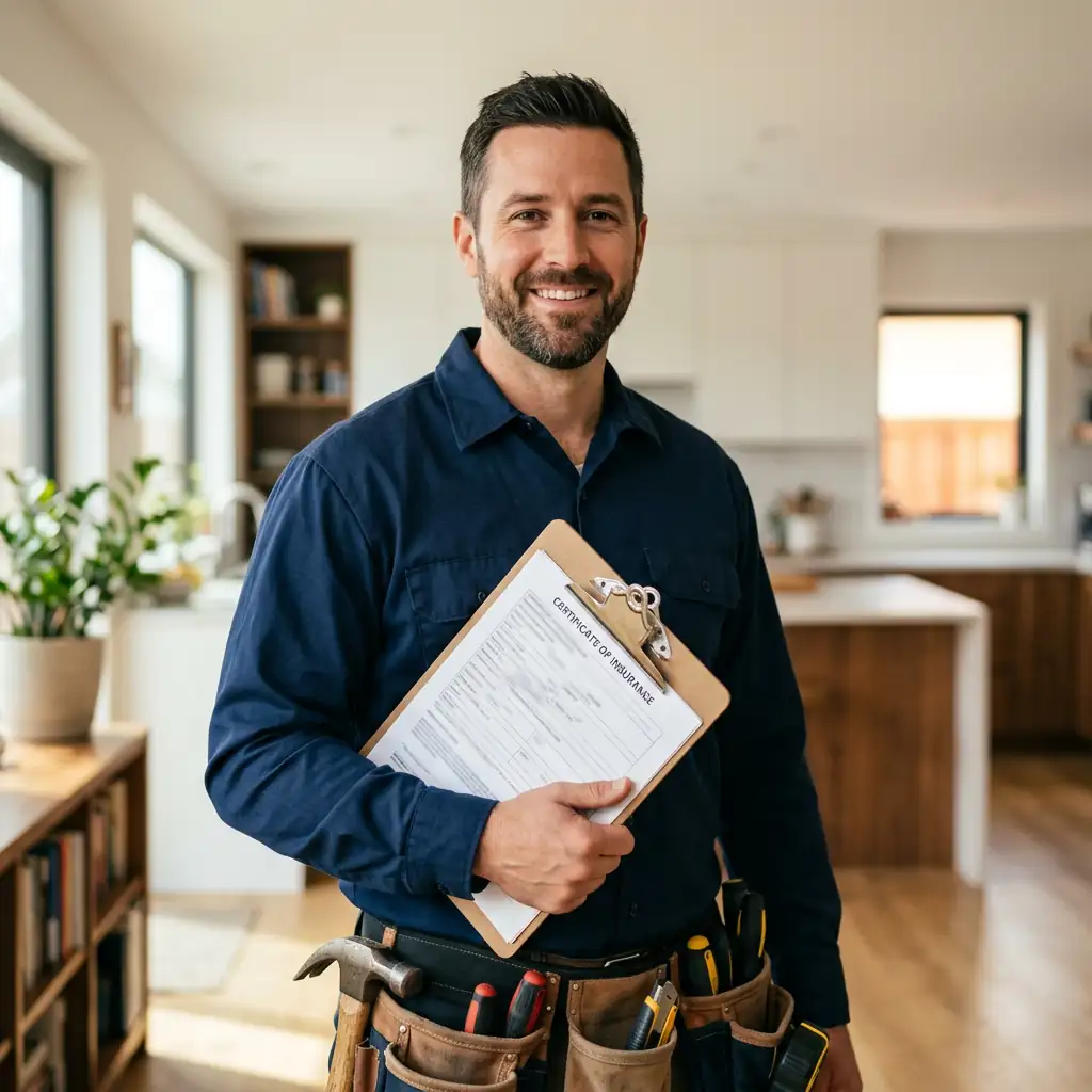 Licensed and insured handyman in navy shirt holding a certificate of insurance clipboard in a bright modern home