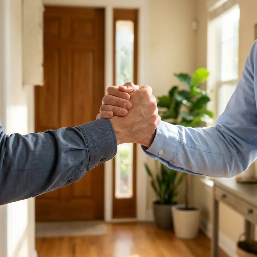 Handshake between contractor and homeowner in a bright Florida home foyer with warm afternoon sunlight
