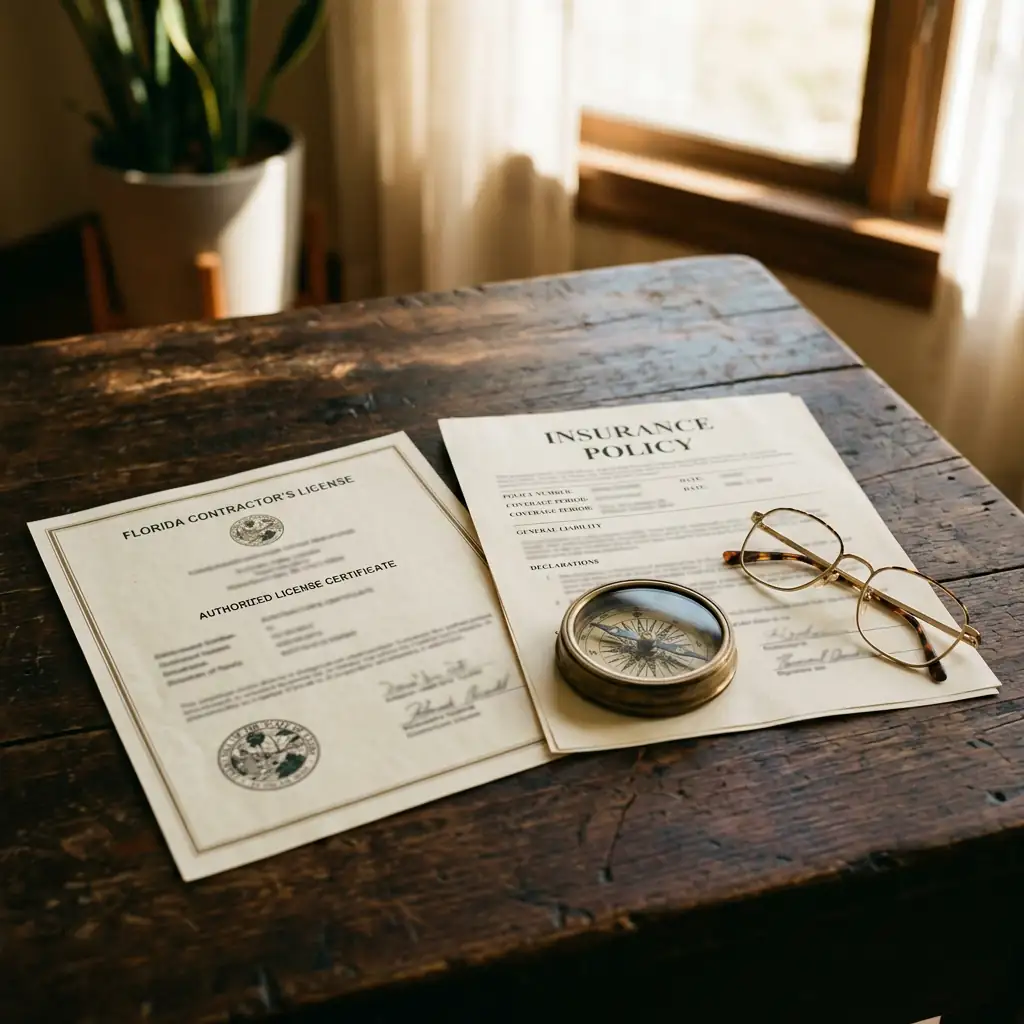 Florida contractor's license certificate and insurance policy on a wooden desk with brass compass and reading glasses