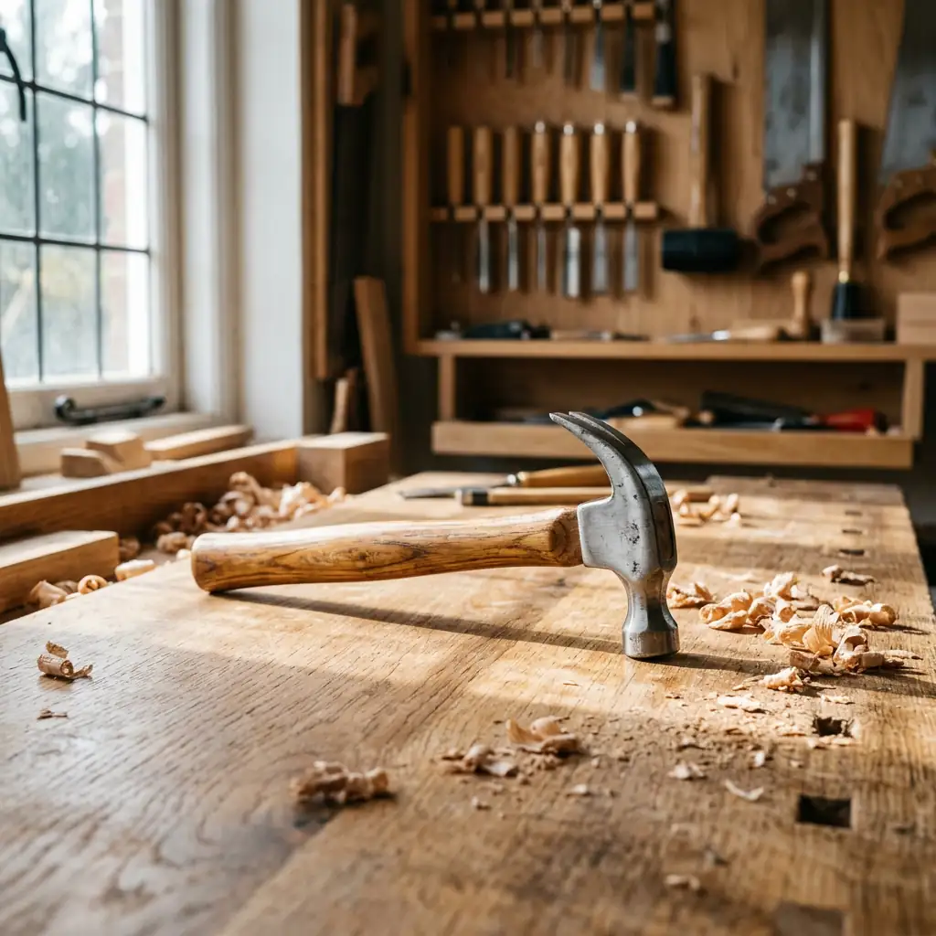 Craftsman workbench with a single claw hammer on freshly sanded oak surrounded by wood shavings in natural workshop light