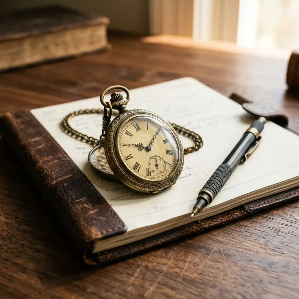 Vintage brass pocket watch resting on a leather-bound planner with a mechanical pencil on a walnut desk in warm morning light